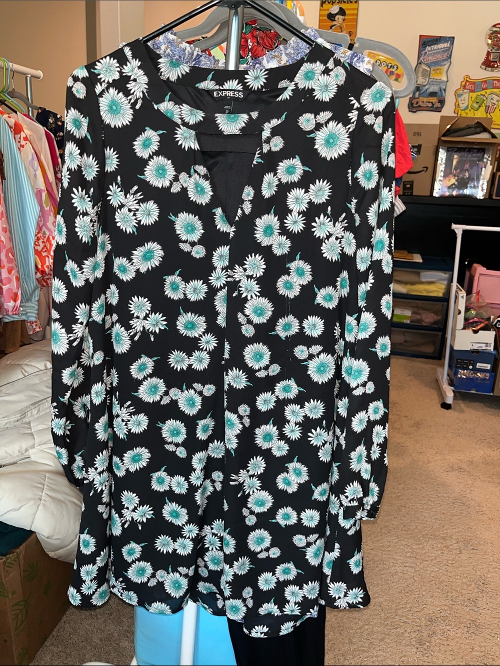 Express Black Floral Mini Dress with Teal and White Flowers